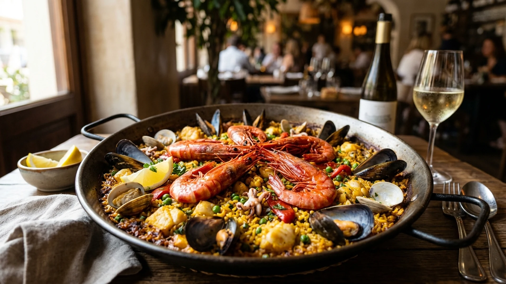 Paella gourmet de marisco con carabineros jumbo y socarrat al fuego