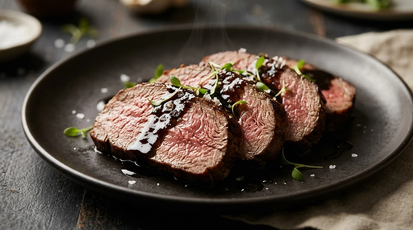 Corte transversal del asado negro bañado en reducción brillante