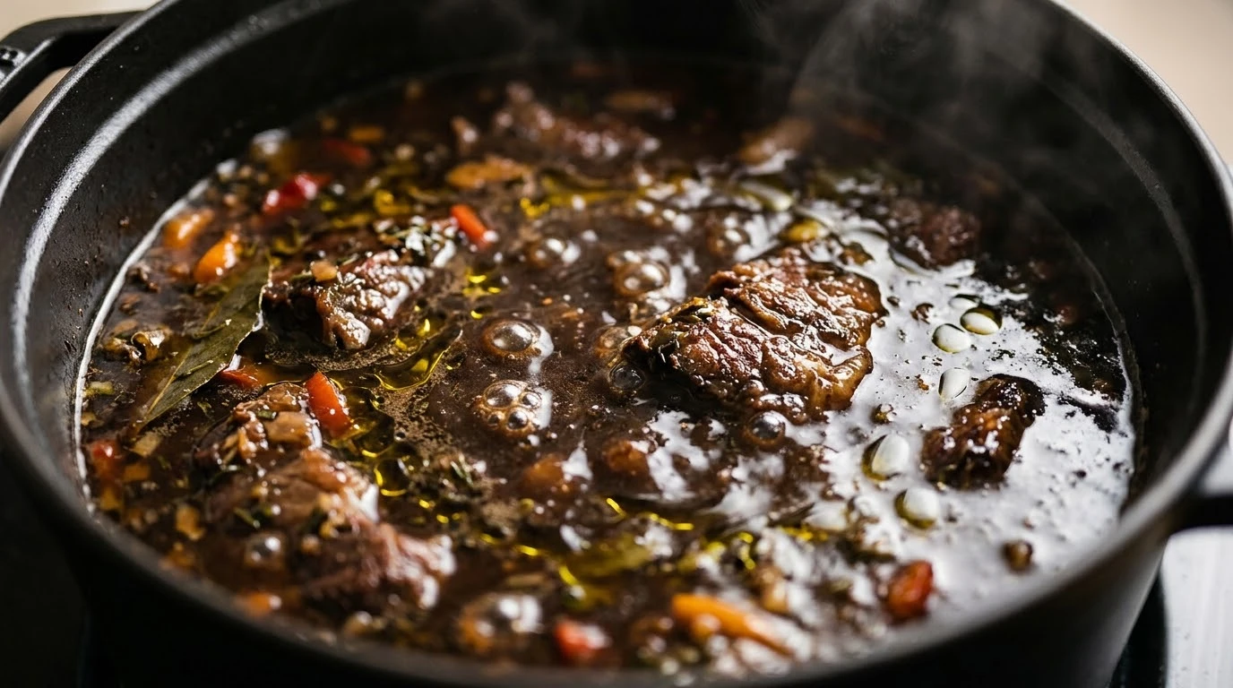 Asado Negro Tradicional Venezolano con Reducción de Papelón y Especias Cálidas - Fase 4: Desglasado Noble y Fusión de Aromáticos