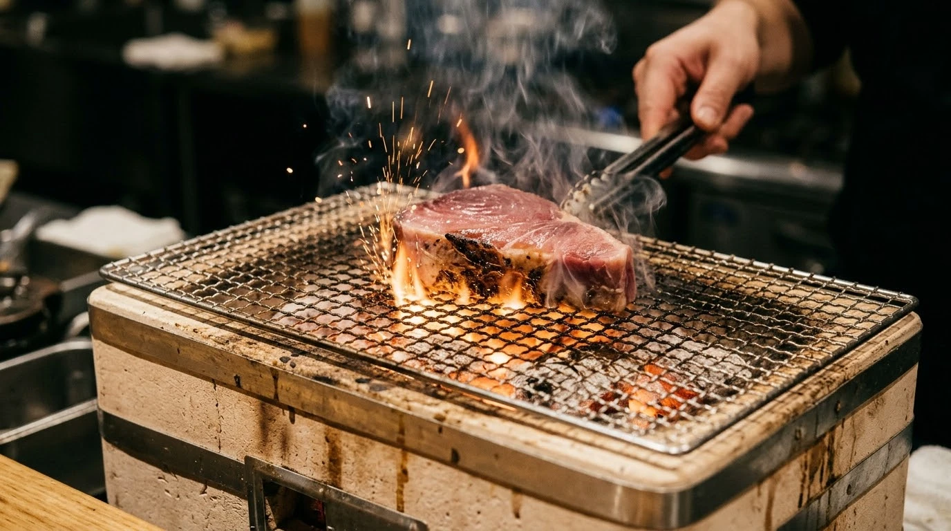 Atun Rojo de Almadraba a la Brasa con Costra de Semillas de Hinojo Silvestre y Tapenade - Fase 6: Reposo Osmótico, Trinchado y Emplatado de Autor