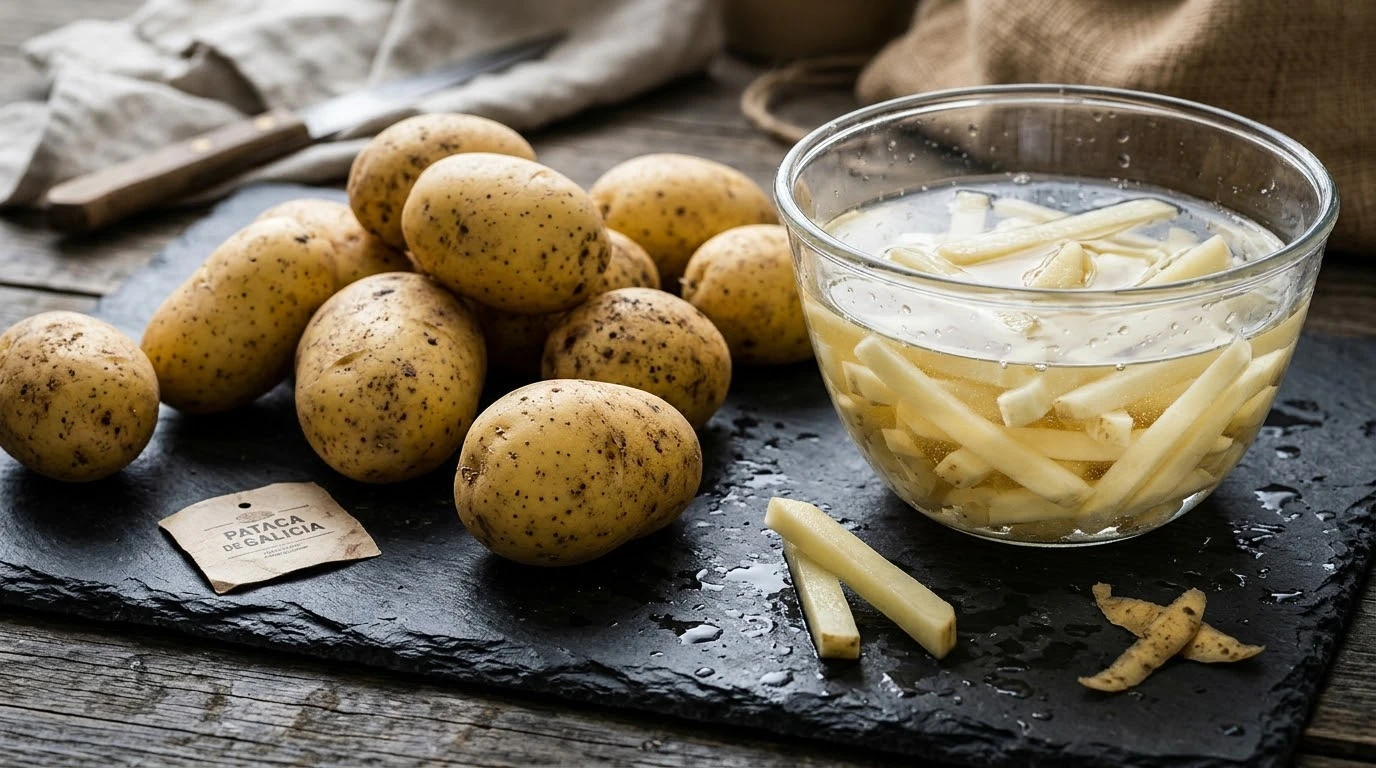 Bodegón de Patacas de Galicia IGP sin pelar y bastones crudos perfectamente calibrados