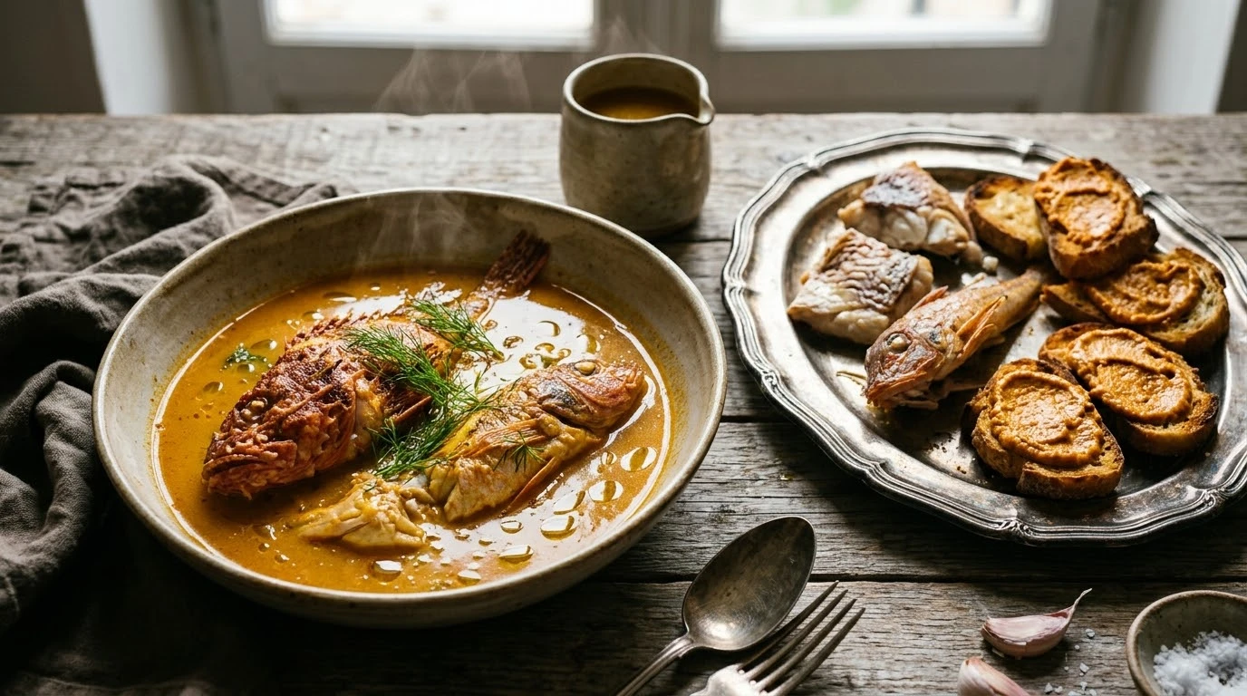 Bouillabaisse Tradicional de Marsella: Caldo de Pescados de Roca, Azafrán y Emulsión de Rouille Casera