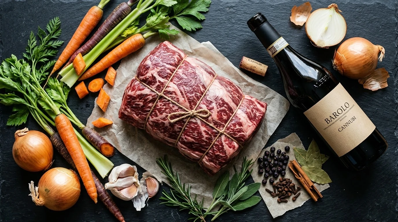 Brasato al Barolo: Jarrete de Buey Piamontés Estofado en Barolo Cannubi DOCG
