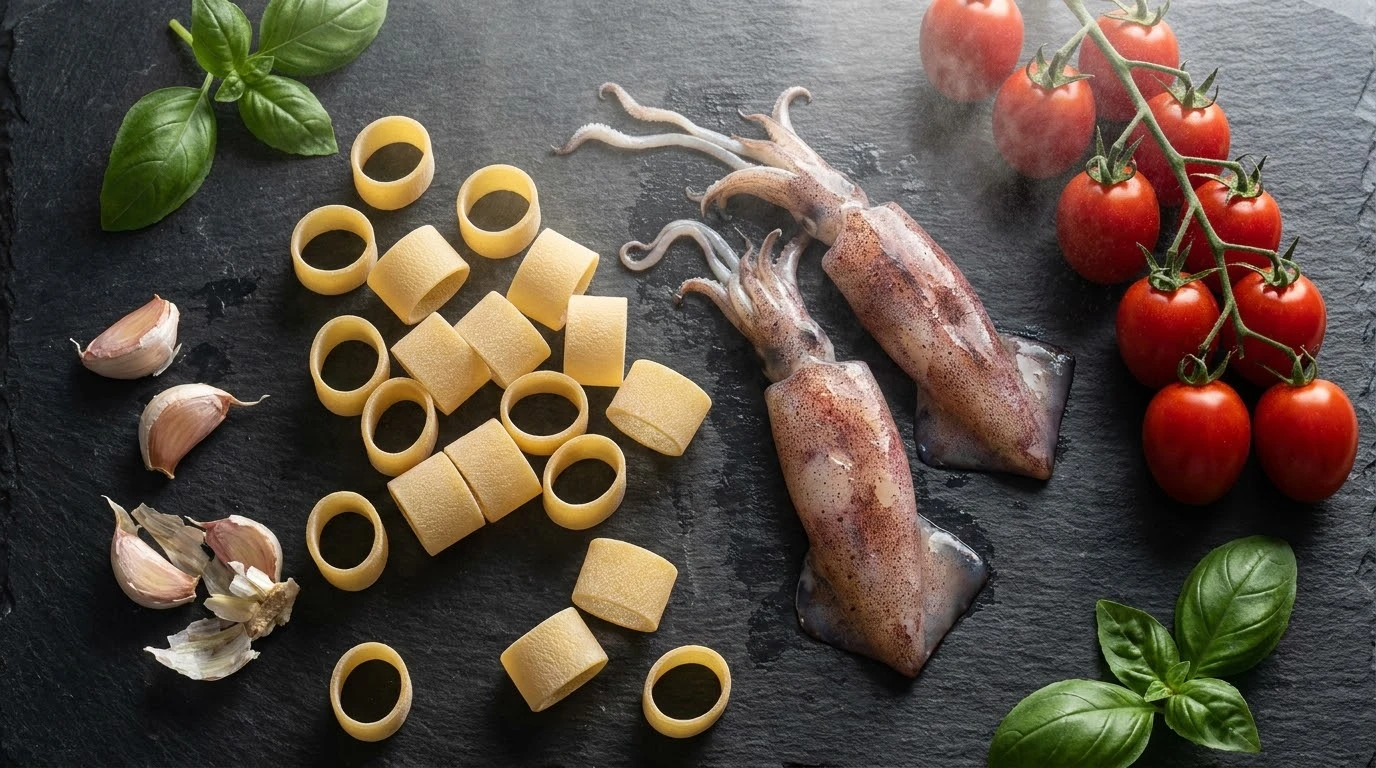 Calamarata Napoletana con Calamares de Roca, Tomates del Vesubio y Albahaca Fresca