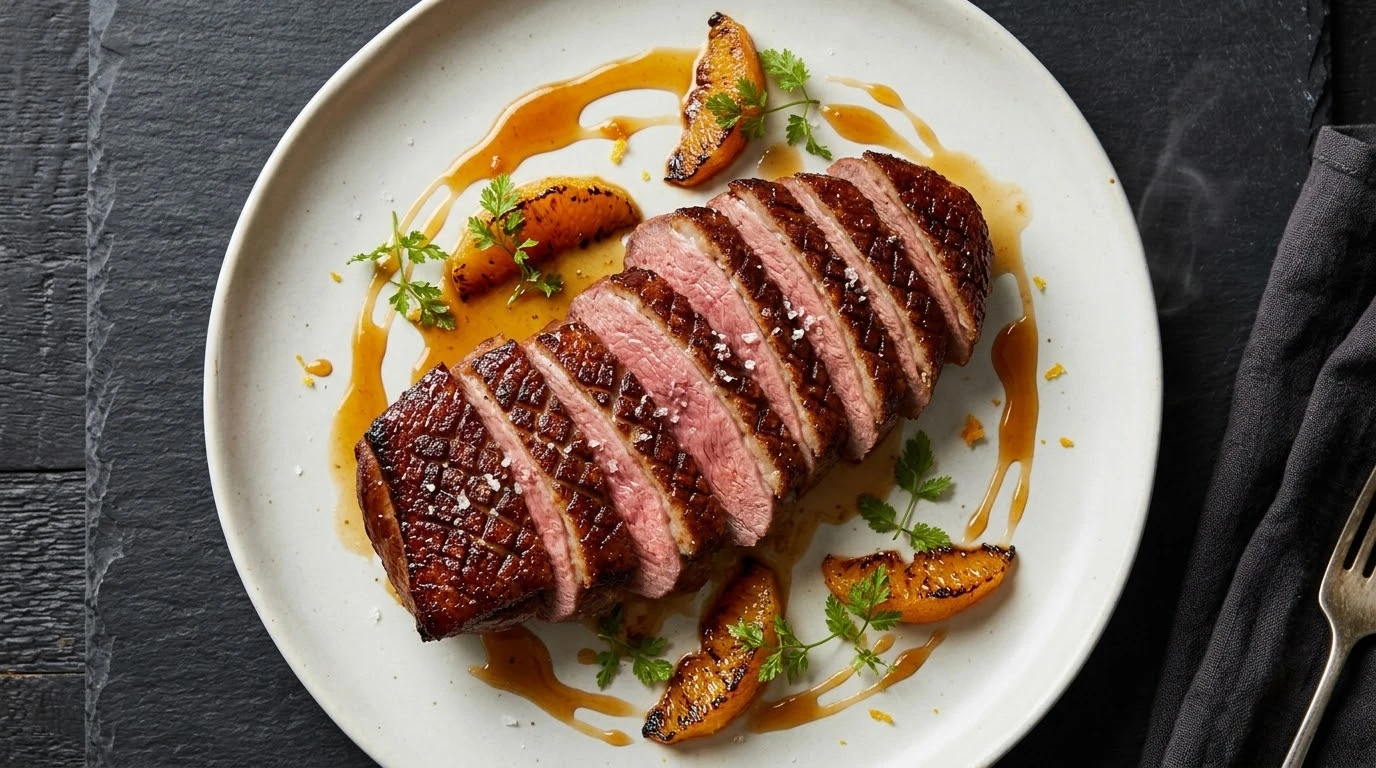 Canard à l'Orange Magistral: Magret Crujiente, Salsa Gastrique de Cítricos y Reducción de Grand Marnier