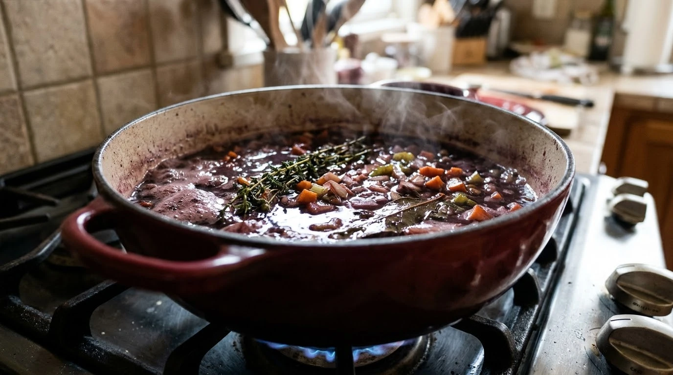Carrillera de Ternera Melosa Glaseada al Priorat con Parmentier de Trufa - Fase 2: Confitado Aromático del Mirepoix y Concentrado