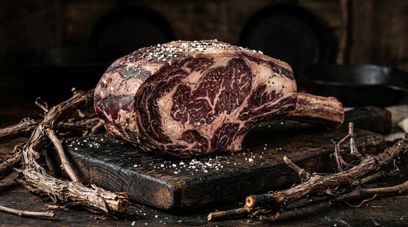 Corte crudo de chuletón de buey sobre madera rústica y sarmientos secos