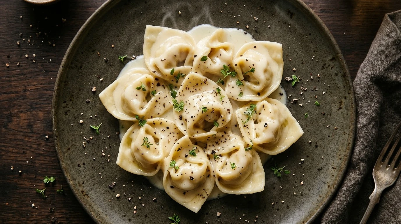 Plano cenital editorial de la crema de Parmigiano nappeando tortelli frescos
