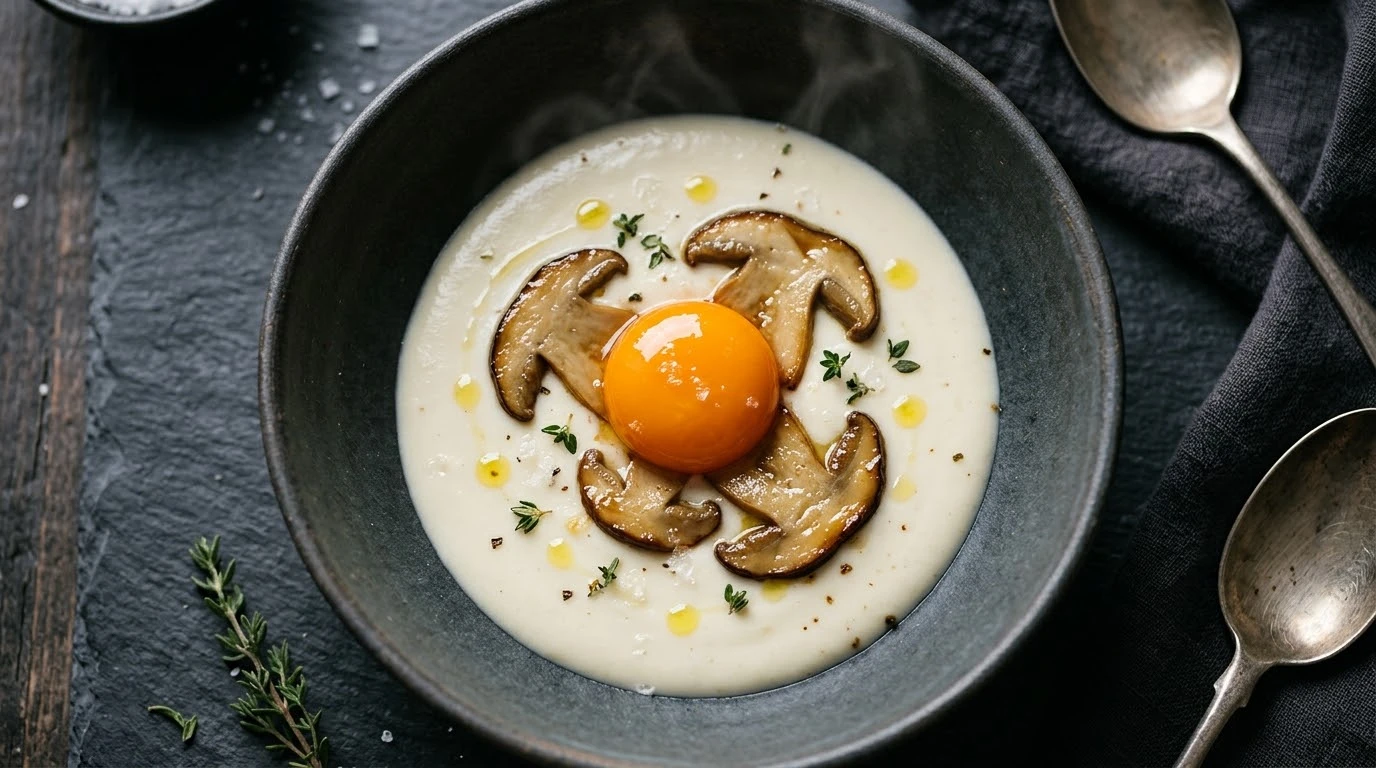 Emplatado cenital de la crema templada con yema y boletos