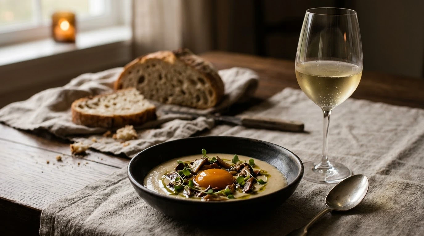 Receta de Crema Templada de Idiazabal Ahumado con Yema Curada y Boletos Confitados - Fase 6: Arquitectura y Emplatado de Alta Gastronomía