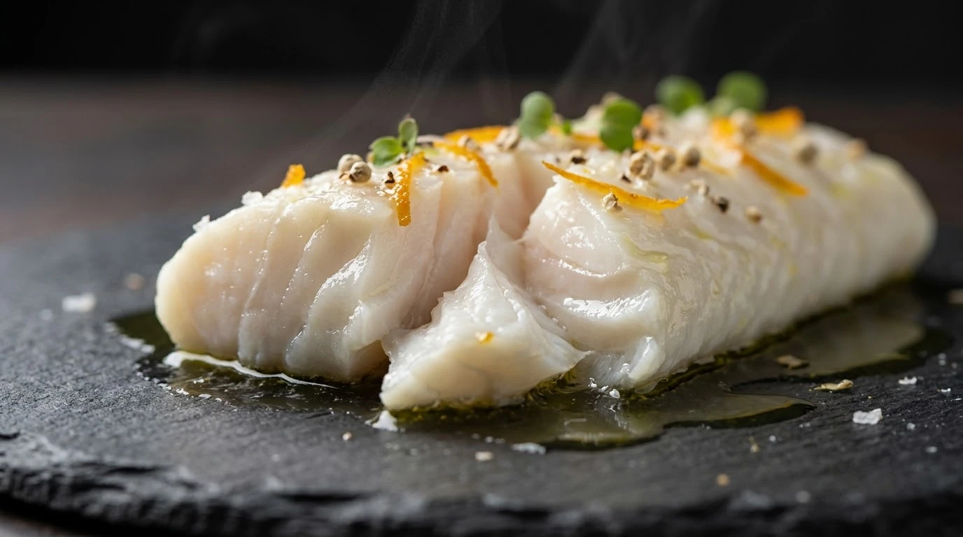 Ensalada Malagueña Ilustrada con Aloreña de Málaga DOP y Bacalao Desmigado - Fase 2: Confitado sedoso del bacalao Gadus morhua