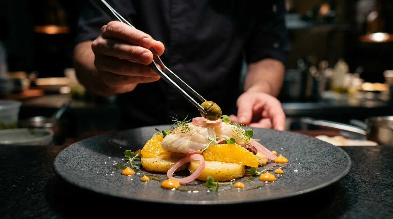 Ensalada Malagueña Ilustrada con Aloreña de Málaga DOP y Bacalao Desmigado - Fase 5: Pelado en tibio y desmigado de texturas nobles