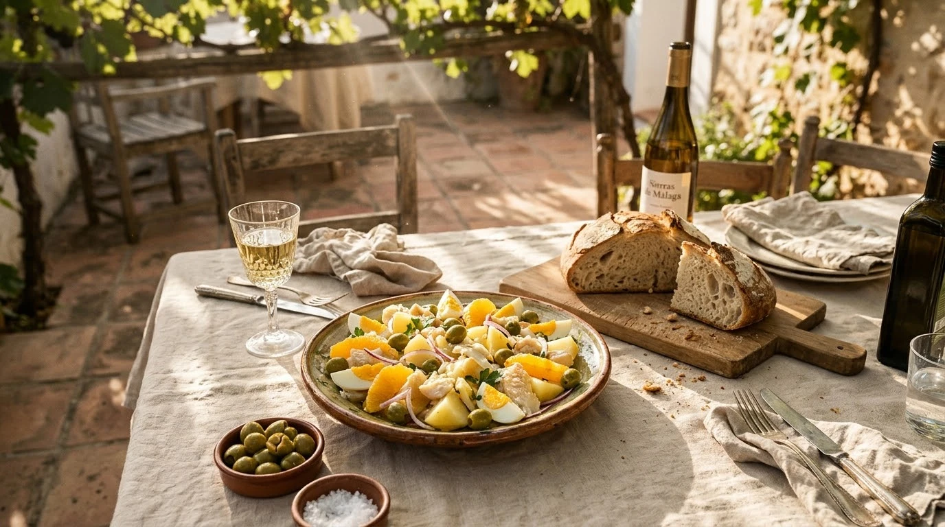 Ensalada Malagueña Ilustrada con Aloreña de Málaga DOP y Bacalao Desmigado - Fase 6: Impregnación térmica, ensamblaje y coronación con Aloreña DOP