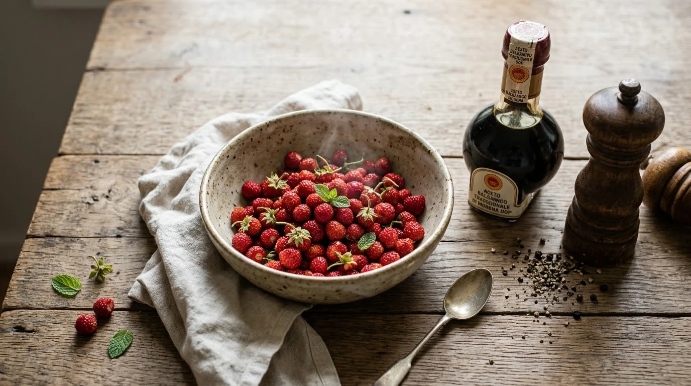 Fresas Silvestres de Bosque Maceradas al Minuto con Aceto Balsamico Tradizionale di Modena DOP Extravecchio - Fase 1: Triaje Manual y Purificación Botánica