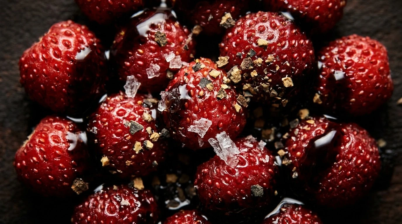 Fresas Silvestres de Bosque Maceradas al Minuto con Aceto Balsamico Tradizionale di Modena DOP Extravecchio - Fase 3: La Unción Negra del Vinagre Centenario