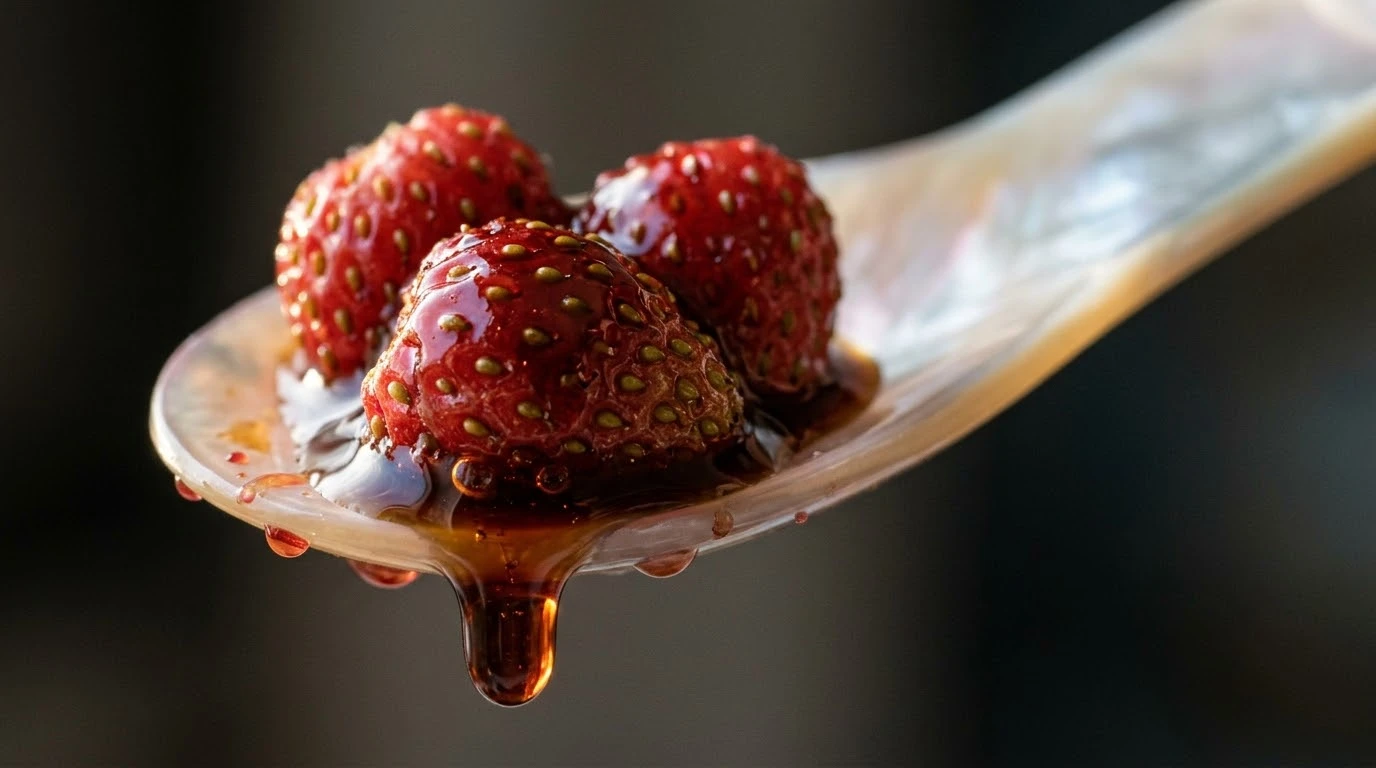 Fresas Silvestres de Bosque Maceradas al Minuto con Aceto Balsamico Tradizionale di Modena DOP Extravecchio - Fase 6: Emplatado Arquitectónico y Gotas de Autor