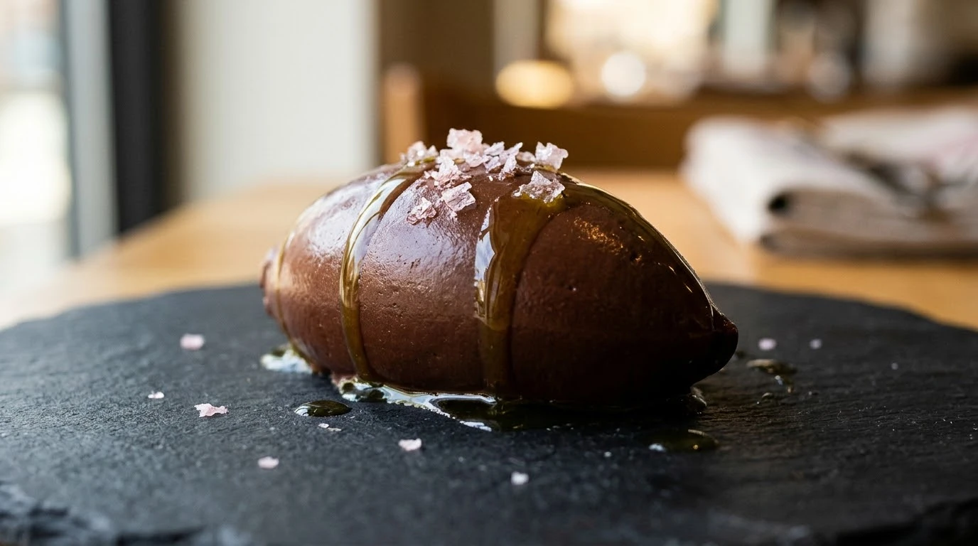 Quenelle perfecta de ganache de Chuao 70% sobre pizarra oscura