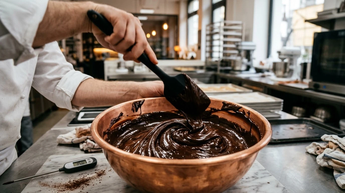 Ganache Cremosa Chuao 70% con Sal Marina de Araya y Aceite de Oliva Arbequina - Fase 1: Troceado y Acondicionamiento Térmico del Cacao