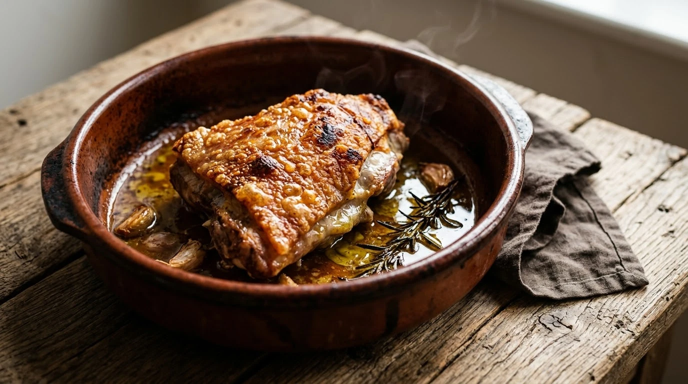 Lechazo Churro Asado en Horno de Leña Tradicional con Patatas Panadera