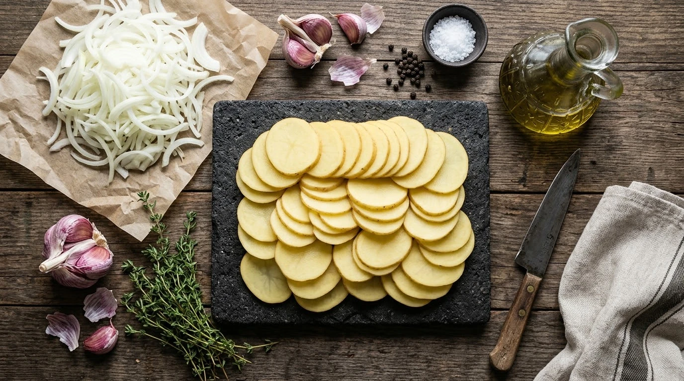 Lechazo Churro Asado en Horno de Leña Tradicional con Patatas Panadera - Fase 2: Imprimación y Disposición Inicial en Cazuela