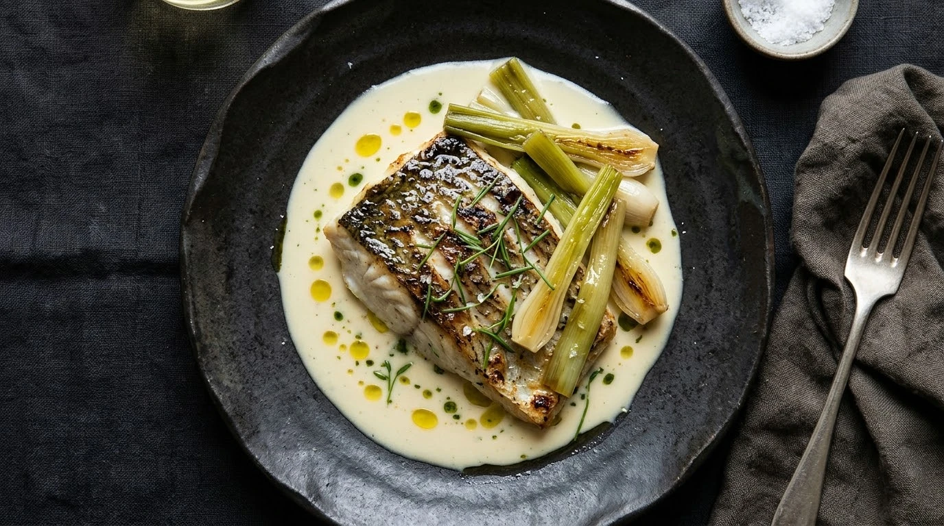Plano cenital del rodaballo asado emplatado con beurre blanc y puerros