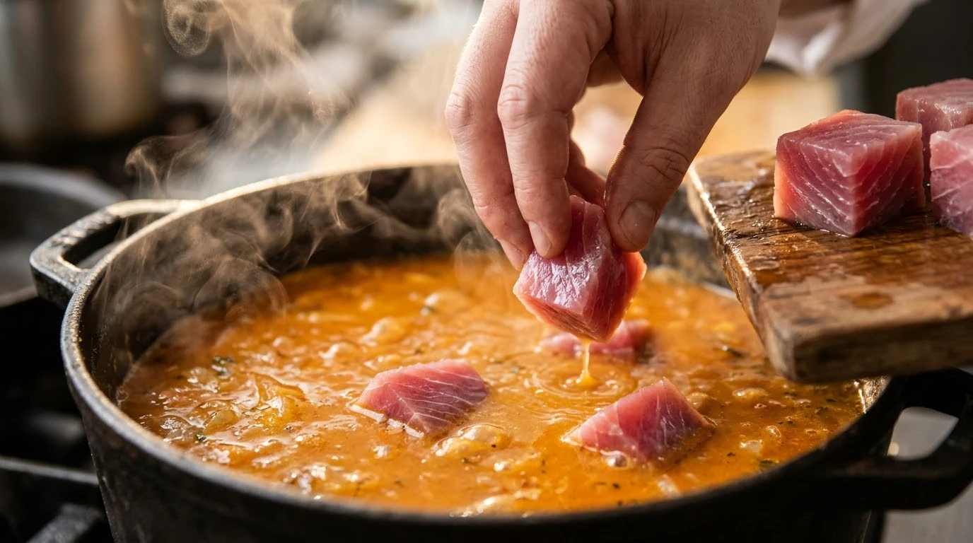 Marmitako Tradicional de Bonito del Norte: Guiso Marinero a Fuego Lento - Fase 4: Chascado de Patatas y Rehogado Mecánico