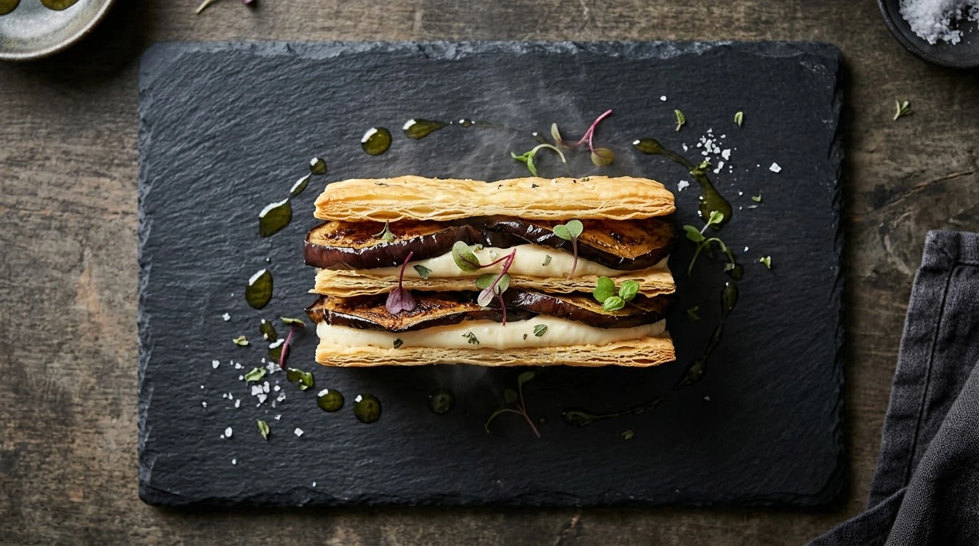Milhojas Crujiente de Berenjena de Almagro Asada y Crema de Manchego Artesano