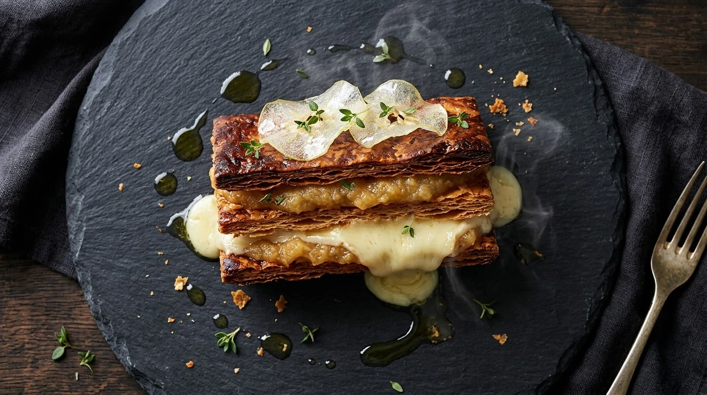 Emplatado cenital del Milhojas de Reineta y Torta del Casar