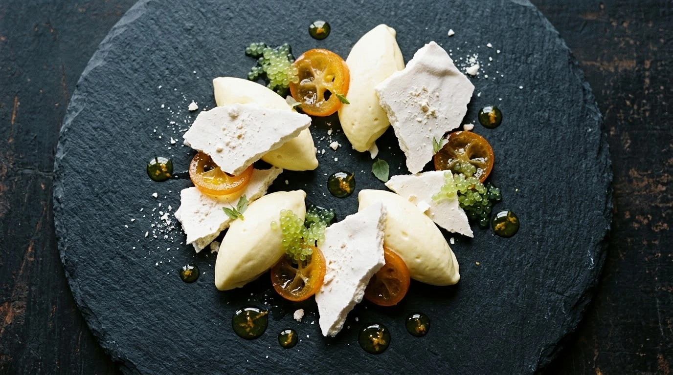 Pavlova Desestructurada de Cítricos de Invierno con Kumquat Confitado, Yuzu y Finger Lime