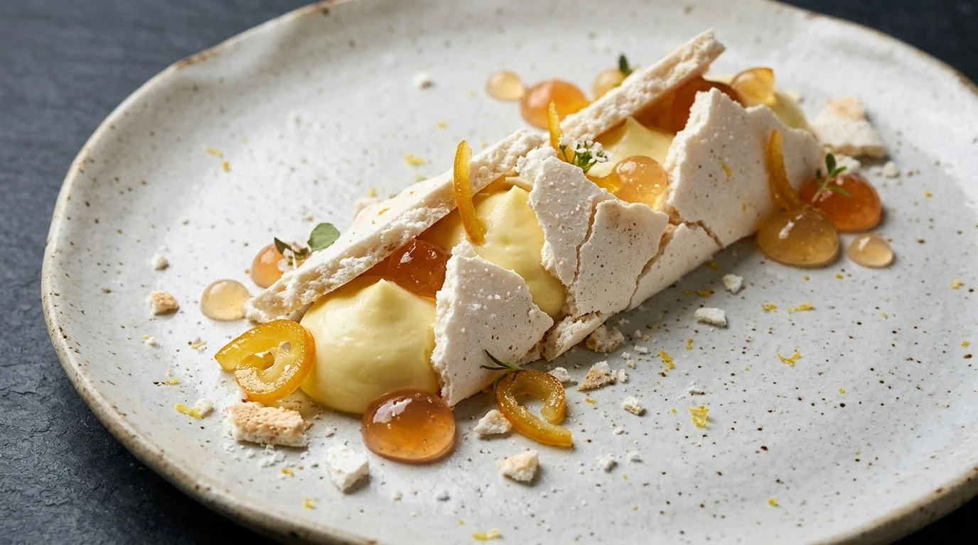 Pavlova Desestructurada de Cítricos de Invierno con Kumquat Confitado, Yuzu y Finger Lime - Fase 6: Arquitectura de Emplatado y Ensamblaje Sensorial
