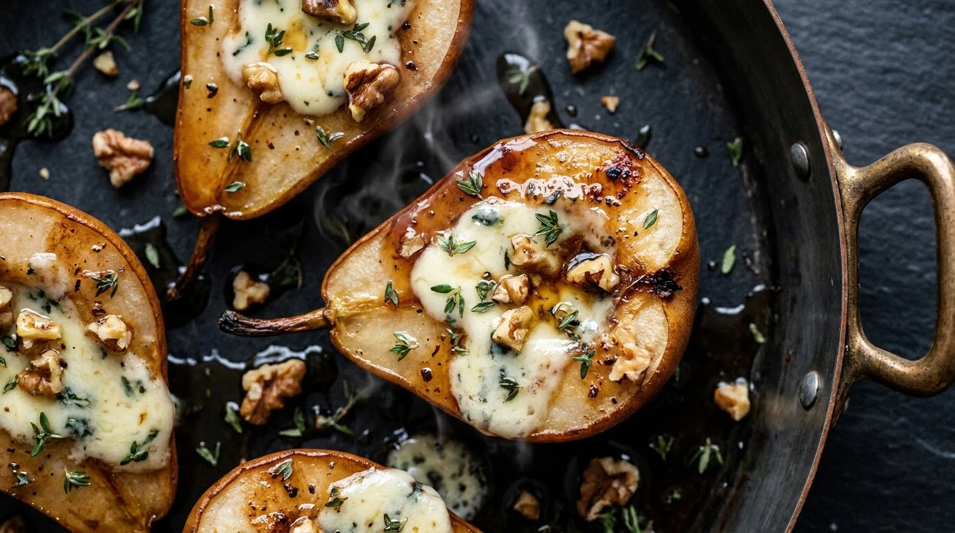 Peras al Horno Glaseadas con Roquefort AOP, Tomillo Silvestre y Miel de Brezo