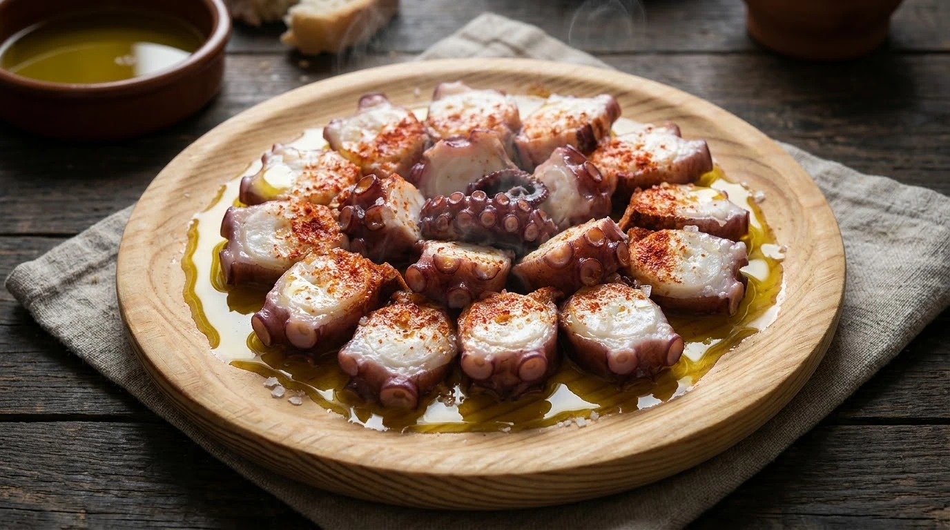 Bodegón cenital del pulpo á feira recién cortado sobre plato de pino