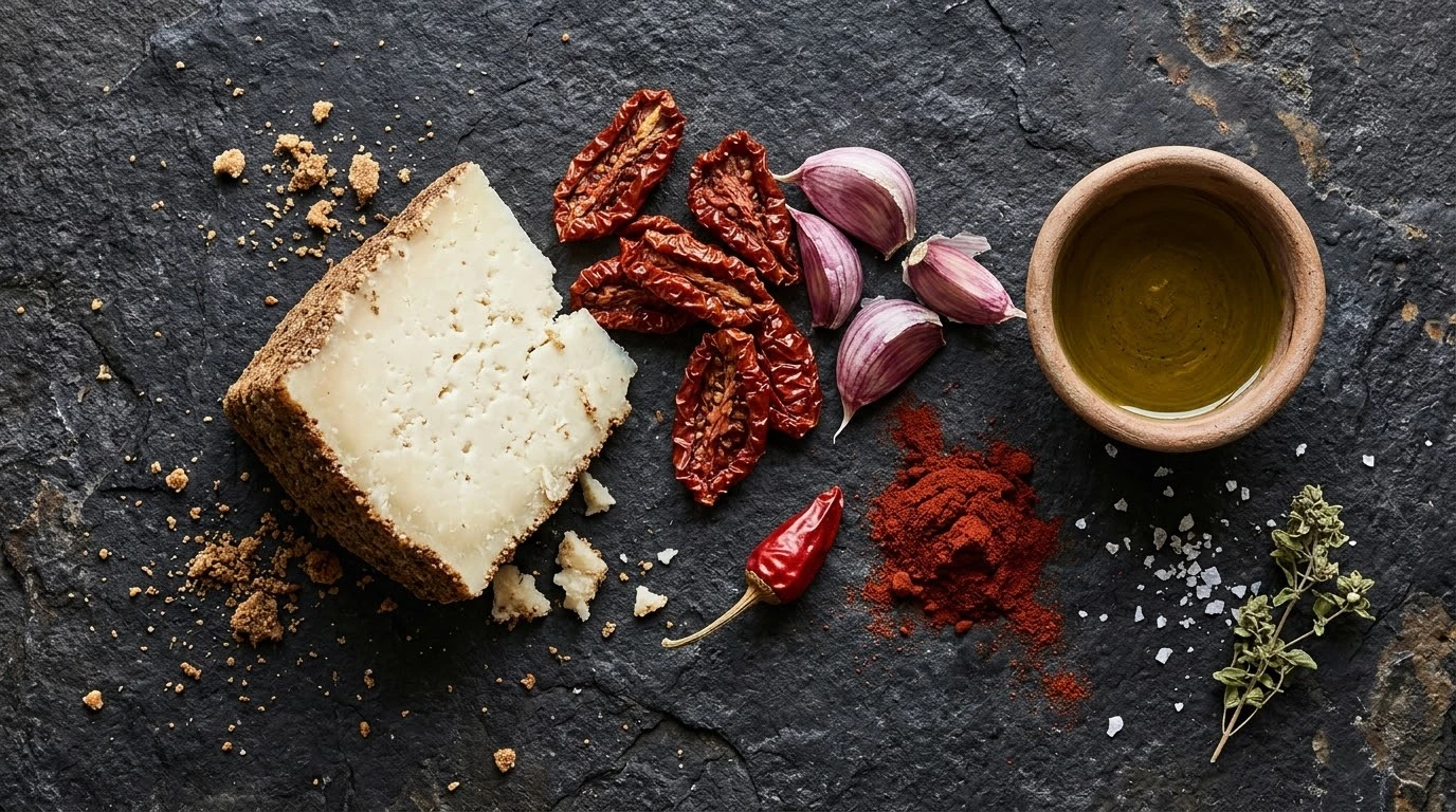 Bodegón de ingredientes rústicos sobre roca volcánica