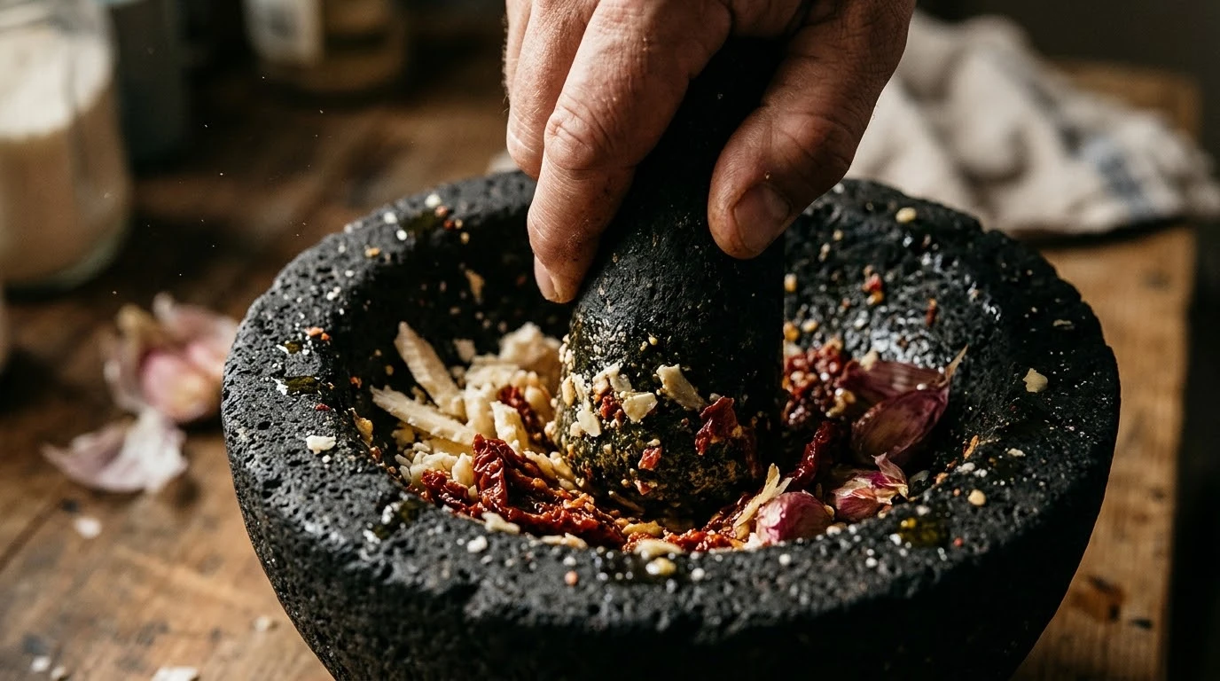 Receta de Almogrote Majorero al Mortero con Tomate Seco del Malpaís: Alta Cocina Canaria Paso a Paso - Fase 1: Rehidratación Ósmotica y Acondicionamiento del Tomate