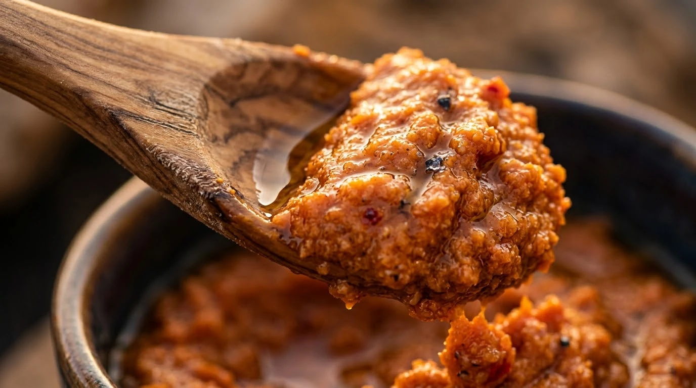 Receta de Almogrote Majorero al Mortero con Tomate Seco del Malpaís: Alta Cocina Canaria Paso a Paso - Fase 2: Majado Cripto-Aromático del Ajo y la Sal Marina