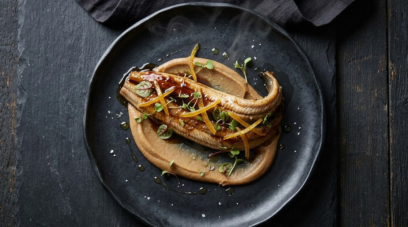 Emplatado final de alta gastronomía en plano cenital