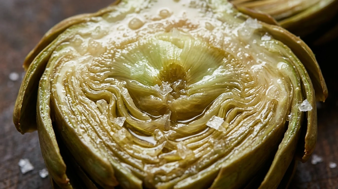 Corazones de Alcachofa de Benicarló Confitados en Aceite de Olivos Milenarios - Fase 6: Marcado Crujiente al Hierro y Emplatado de Autor