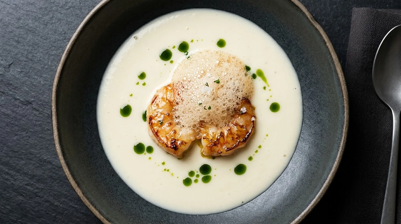 Receta de Crema Aterciopelada de Espárrago de Navarra IGP con Cigala Salteada y Aire de su Propio Jugo