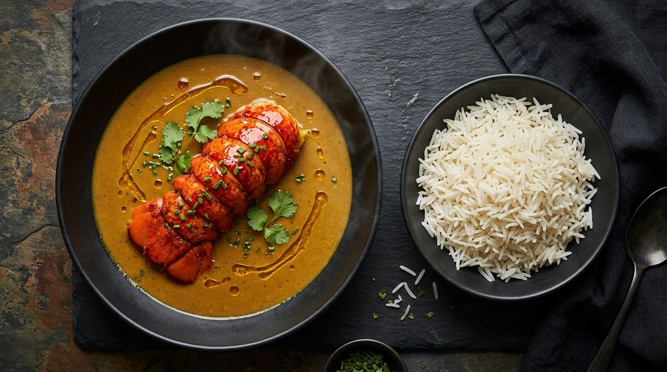 Receta de Curry de Bogavante Azul del Atlántico con Vin Jaune sobre Arroz Basmati Ahumado