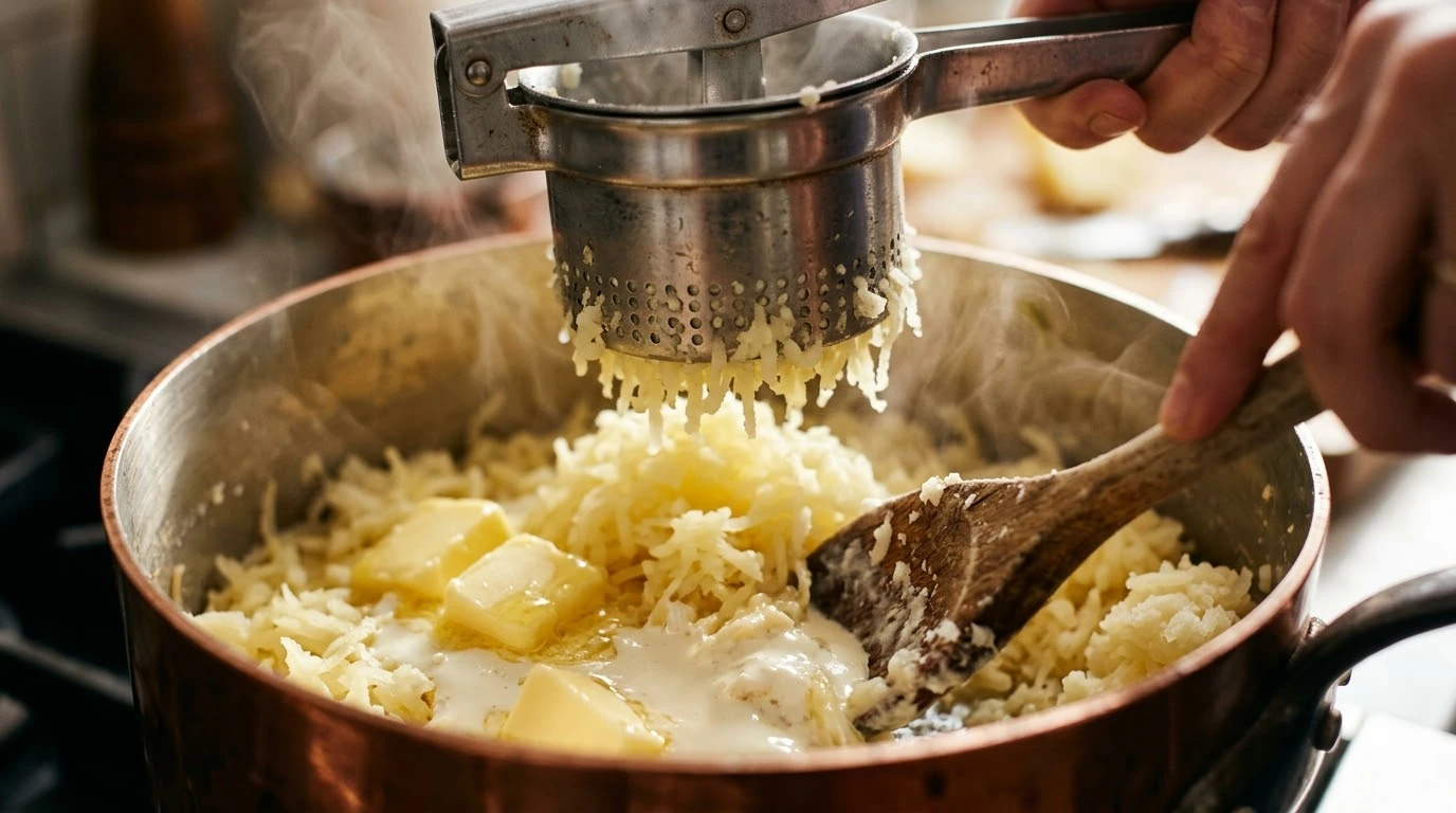 Receta de Shepherd’s Pie Tradicional: Guiso Confitado de Cordero y Puré Duquesa Gratinado - Fase 5: Confección del Puré Duquesa Enriquecido