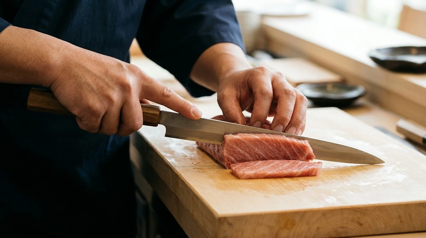 Corte de Otoro en Tabla de Hinoki con Cuchillo Yanagiba