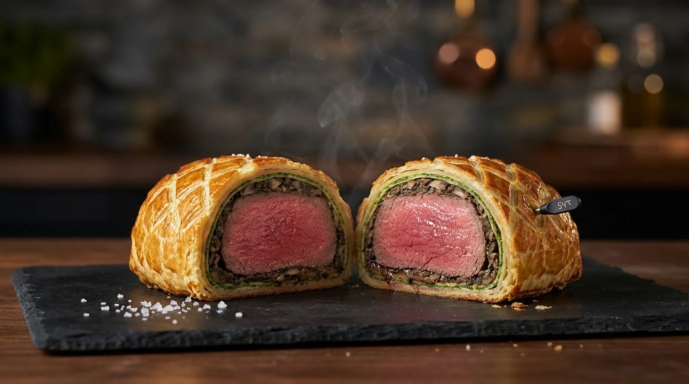 Corte transversal del Wellington mostrando el punto de la carne y las capas perfectas