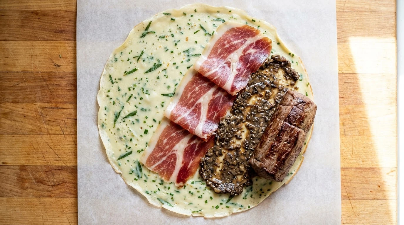 Solomillo Wellington de Autor: Hojaldre Invertido, Duxelle de Setas Silvestres y Crêpe de Finas Hierbas - Fase 3: Las Crêpes Aromáticas Barrera