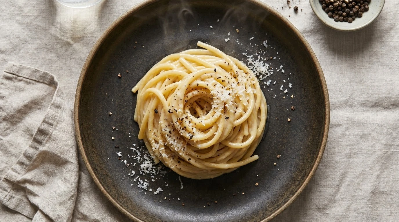 Spaghettoni al Bronzo con Cacio e Pepe y Pimienta Negra de Madagascar