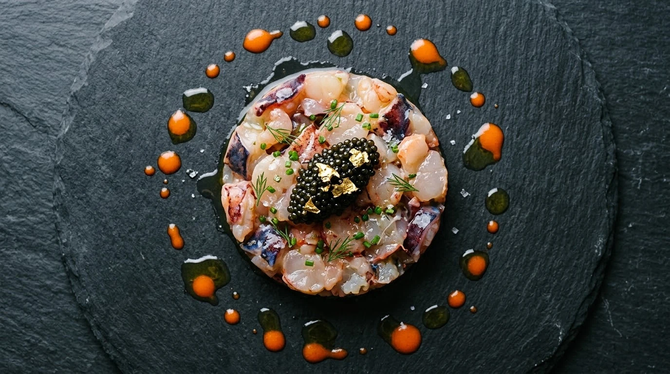 Tartar de Bogavante Azul del Atlántico con Emulsión Suave de su Coral y Perlas de Caviar Oscietra