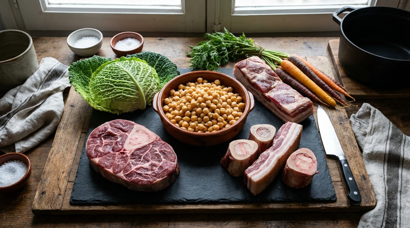 Receta de Cocido Madrileño Tradicional en Tres Vuelcos - Mise en Place y Preparación de Aromáticos