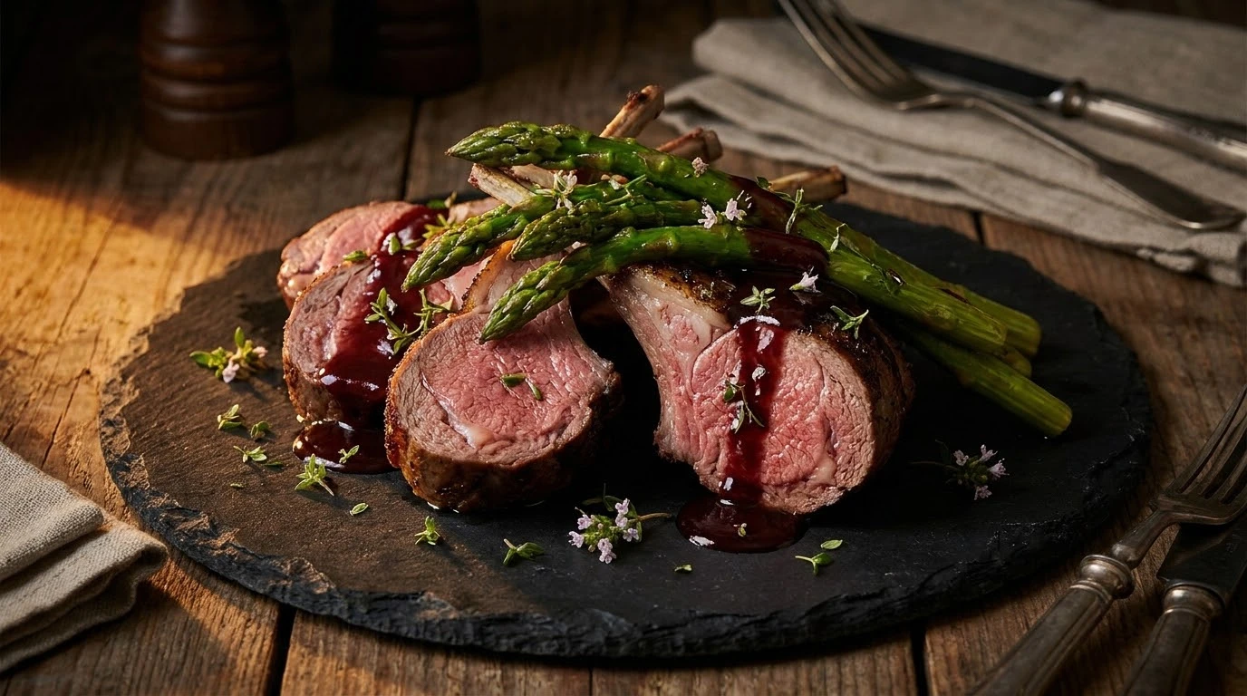Receta de Costillar de Corzo Asado con Espárragos Trigueros y Majado Mediterráneo