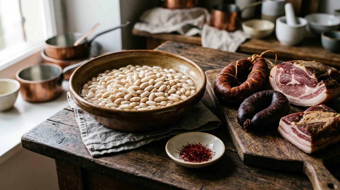 Receta de Fabada Asturiana Tradicional de Alta Cocina - Mise en Place y Preparación de Aromáticos