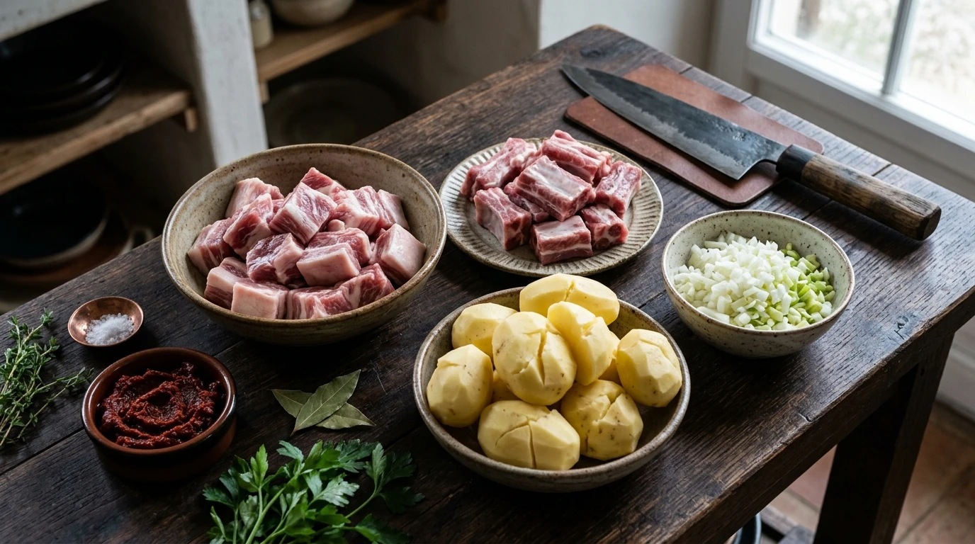 Receta de Marmitaco de Matanza Tradicional de Alta Escuela - Mise en Place y Preparación de Aromáticos