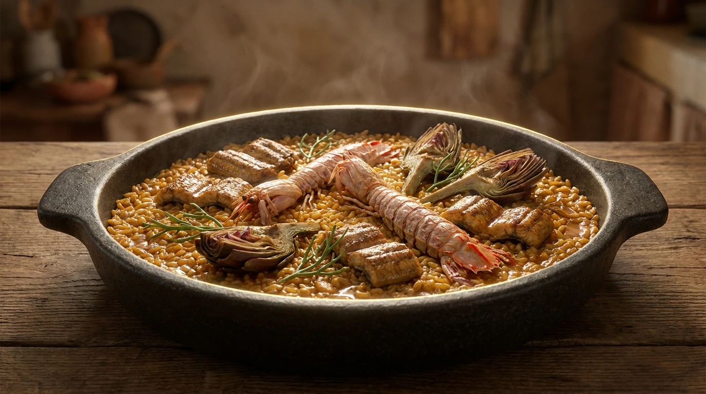 Receta de Arroz del Delta del Ebro con Anguila Braseada, Galeras de Lonja y Cangrejo Azul D.O.P. - Hidratación Convectiva a Dos Tiempos e Infusión de Azafrán
